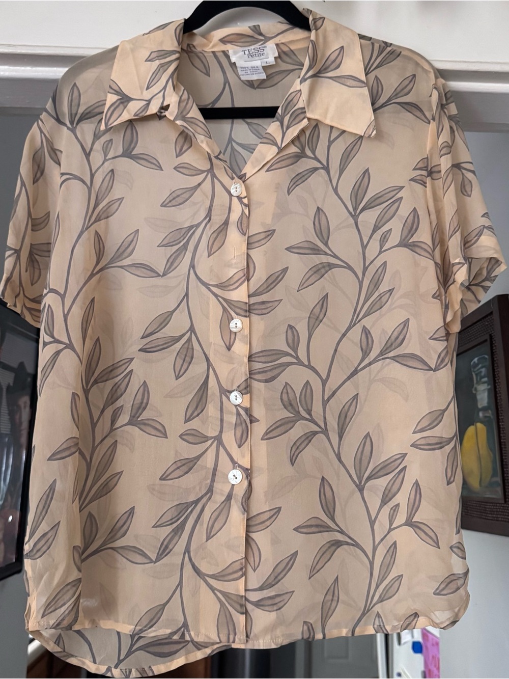Vintage Y2K 90s Tess Silk Blouse Womens Floral Short Sleeve Retro Button yellow